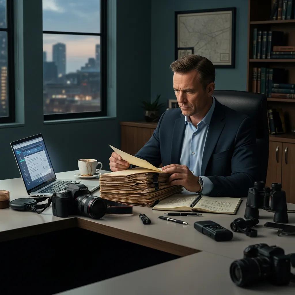 Private investigator analysing case files and evidence